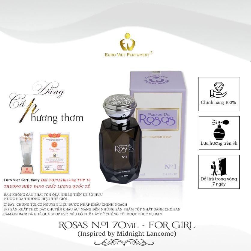 Nước Hoa Nữ ROSAS N.1 Quyến Rũ, Ngọt Ngào, Nóng Bỏng Lưu Hương 7- 12 Tiếng 70ml
